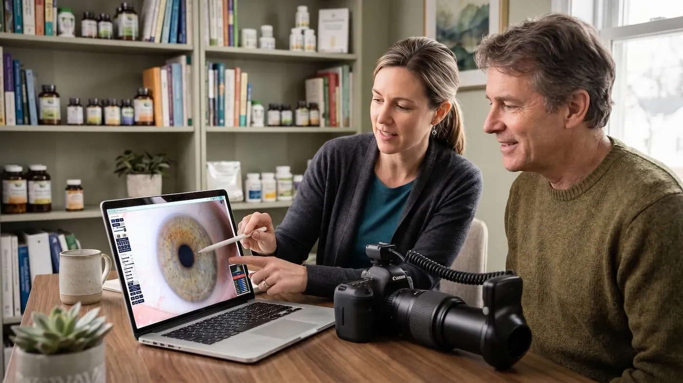 A practitioner walking a client through their iris in IrisMapper